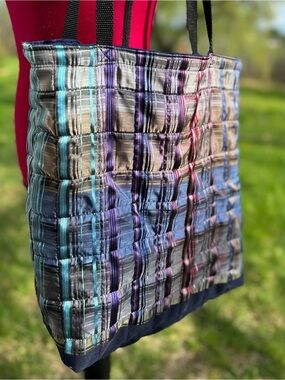 Quilted silk shopping / market tote bag - handmade